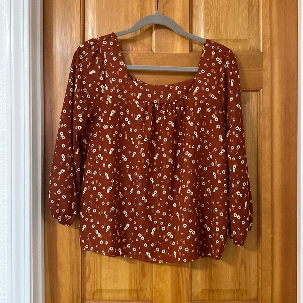 Everly rust floral square neck top long sleeve
